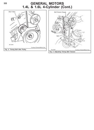 222 GENERAL MOTORS
1.4L & 1.6L 4-Cylinder (Cont.)
Fig. 3: Adjusting Timing Belt Tension
Fig. 2: Timing Belt Idler Pulley
Courtesy of General Motors Corp.
Courtesy of General Motors Corp.
 