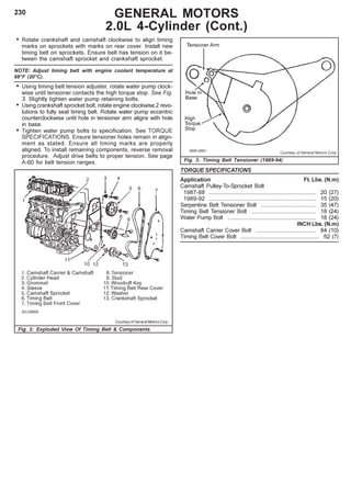 230
• Rotate crankshaft and camshaft clockwise to align timing
marks on sprockets with marks on rear cover. Install new
timing belt on sprockets. Ensure belt has tension on it be-
tween the camshaft sprocket and crankshaft sprocket.
NOTE: Adjust timing belt with engine coolant temperature at
68°F (20°C).
• Using timing belt tension adjuster, rotate water pump clock-
wise until tensioner contacts the high torque stop. See Fig.
3. Slightly tighten water pump retaining bolts.
• Using crankshaft sprocket bolt, rotate engine clockwise 2 revo-
lutions to fully seat timing belt. Rotate water pump eccentric
counterclockwise until hole in tensioner arm aligns with hole
in base.
• Tighten water pump bolts to specification. See TORQUE
SPECIFICATIONS. Ensure tensioner holes remain in align-
ment as stated. Ensure all timing marks are properly
aligned. To install remaining components, reverse removal
procedure. Adjust drive belts to proper tension. See page
A-60 for belt tension ranges.
Fig. 2: Exploded View Of Timing Belt & Components
Fig. 3: Timing Belt Tensioner (1989-94)
GENERAL MOTORS
2.0L 4-Cylinder (Cont.)
TORQUE SPECIFICATIONS
Application Ft. Lbs. (N.m)
Camshaft Pulley-To-Sprocket Bolt
1987-88 .................................................................... 20 (27)
1989-92 .................................................................... 15 (20)
Serpentine Belt Tensioner Bolt ................................... 35 (47)
Timing Belt Tensioner Bolt ......................................... 18 (24)
Water Pump Bolt ........................................................ 18 (24)
INCH Lbs. (N.m)
Camshaft Carrier Cover Bolt ...................................... 84 (10)
Timing Belt Cover Bolt .................................................. 62 (7)
Courtesy of General Motors Corp.
 