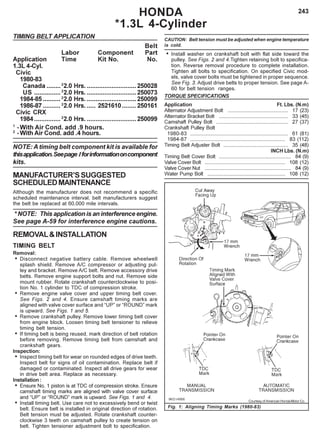 243HONDA
*1.3L 4-Cylinder
TIMING BELT APPLICATION
Belt
Labor Component Part
Application Time Kit No. No.
1.3L 4-Cyl.
Civic
1980-83
Canada ........2
2.0 Hrs. ............................250028
US ...............2
2.0 Hrs. ............................250073
1984-85 ..........2
2.0 Hrs. ............................250099
1986-87 ..........2
2.0 Hrs. ..... 2521610........ 250161
Civic CRX
1984...............2
2.0 Hrs. ............................250099
1
-With Air Cond. add .9 hours.
2
-With Air Cond. add .4 hours.
NOTE: A timing belt component kit is available for
thisapplication.Seepage Iforinformationoncomponent
kits.
MANUFACTURER’SSUGGESTED
SCHEDULEDMAINTENANCE
Although the manufacturer does not recommend a specific
scheduled maintenance interval, belt manufacturers suggest
the belt be replaced at 60,000 mile intervals.
* NOTE: This application is an interference engine.
See page A-59 for interference engine cautions.
REMOVAL&INSTALLATION
TIMING BELT
Removal:
• Disconnect negative battery cable. Remove wheelwell
splash shield. Remove A/C compressor or adjusting pul-
ley and bracket. Remove A/C belt. Remove accessory drive
belts. Remove engine support bolts and nut. Remove side
mount rubber. Rotate crankshaft counterclockwise to posi-
tion No. 1 cylinder to TDC of compression stroke.
• Remove engine valve cover and upper timing belt cover.
See Figs. 2 and 4. Ensure camshaft timing marks are
aligned with valve cover surface and “UP” or “ROUND” mark
is upward. See Figs. 1 and 5.
• Remove crankshaft pulley. Remove lower timing belt cover
from engine block. Loosen timing belt tensioner to relieve
timing belt tension.
• If timing belt is being reused, mark direction of belt rotation
before removing. Remove timing belt from camshaft and
crankshaft gears.
Inspection:
• Inspect timing belt for wear on rounded edges of drive teeth.
Inspect belt for signs of oil contamination. Replace belt if
damaged or contaminated. Inspect all drive gears for wear
in drive belt area. Replace as necessary.
Installation :
• Ensure No. 1 piston is at TDC of compression stroke. Ensure
camshaft timing marks are aligned with valve cover surface
and “UP” or “ROUND” mark is upward. See Figs. 1 and 4.
• Install timing belt. Use care not to excessively bend or twist
belt. Ensure belt is installed in original direction of rotation.
Belt tension must be adjusted. Rotate crankshaft counter-
clockwise 3 teeth on camshaft pulley to create tension on
belt. Tighten tensioner adjustment bolt to specification.
CAUTION: Belt tension must be adjusted when engine temperature
is cold.
• Install washer on crankshaft bolt with flat side toward the
pulley. See Figs. 2 and 4.Tighten retaining bolt to specifica-
tion. Reverse removal procedure to complete installation.
Tighten all bolts to specification. On specified Civic mod-
els, valve cover bolts must be tightened in proper sequence.
See Fig. 3. Adjust drive belts to proper tension. See page A-
60 for belt tension ranges.
TORQUE SPECIFICATIONS
Application Ft. Lbs. (N.m)
Alternator Adjustment Bolt .......................................... 17 (23)
Alternator Bracket Bolt ................................................ 33 (45)
Camshaft Pulley Bolt .................................................. 27 (37)
Crankshaft Pulley Bolt
1980-83 .................................................................... 61 (81)
1984-87 .................................................................. 83 (112)
Timing Belt Adjuster Bolt ............................................. 35 (48)
INCH Lbs. (N.m)
Timing Belt Cover Bolt .................................................. 84 (9)
Valve Cover Bolt ........................................................ 108 (12)
Valve Cover Nut ............................................................ 84 (9)
Water Pump Bolt ...................................................... 108 (12)
Fig. 1: Aligning Timing Marks (1980-83)
Courtesy of American Honda Motor Co.
 