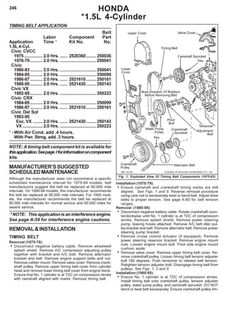 246 HONDA
*1.5L 4-Cylinder
TIMING BELT APPLICATION
Belt
Labor Component Part
Application Time 1
Kit No. No.
1.5L 4-Cyl.
Civic CVCC
1975...............2.0 Hrs. ...... 2520360........ 250036
1976-79 ..........2.0 Hrs. .............................250041
Civic
1980-83 ..........2.0 Hrs. .............................250041
1984-85 ..........2.0 Hrs. .............................250099
1986-87 ..........2.0 Hrs. ...... 2521610........ 250161
1988-95 ..........2.0 Hrs. ...... 2521430........ 250143
Civic VX
1992-95 ..........2.0 Hrs. .............................250223
Civic CRX
1984-85 ..........2.0 Hrs. .............................250099
1986-87 ..........2.0 Hrs. ...... 2521610........ 250161
Civic Del Sol
1993-95
Exc. VX ........2.0 Hrs. ...... 2521430........ 250143
VX ................2.0 Hrs. .............................250223
1
-With Air Cond. add .4 hours.
With Pwr. Strng. add .3 hours.
NOTE: A timing belt component kit is available for
thisapplication.Seepage Iforinformationoncomponent
kits.
MANUFACTURER’SSUGGESTED
SCHEDULEDMAINTENANCE
Although the manufacturer does not recommend a specific
scheduled maintenance interval for 1975-89 models, belt
manufacturers suggest the belt be replaced at 60,000 mile
intervals. On 1990-94 models, the manufacturer recommends
the belt be replaced at 90,000 mile intervals. For 1995 mod-
els, the manufacturer recommends the belt be replaced at
90,000 mile intervals for normal service and 60,000 miles for
severe service.
* NOTE: This application is an interference engine.
See page A-59 for interference engine cautions.
REMOVAL&INSTALLATION
TIMING BELT
Removal (1975-79):
• Disconnect negative battery cable. Remove wheelwell
splash shield. Remove A/C compressor adjusting pulley
together with bracket and A/C belt. Remove alternator
bracket and belt. Remove engine support bolts and nut.
Remove rubber mount. Remove valve cover. Remove crank-
shaft pulley. Remove upper timing belt cover from cylinder
head and remove lower timing belt cover from engine block.
Ensure that No. 1 cylinder is at TDC on compression stroke
with camshaft aligned with marks. Remove timing belt.
Fig. 1: Exploded View Of Timing Belt Components (1975-83)
Installation (1975-79):
• Ensure camshaft and crankshaft timing marks are still
aligned. See Figs. 1 and 5. Reverse removal procedure
using care not to excessively twist or bend belt. Adjust drive
belts to proper tension. See page A-60 for belt tension
ranges.
Removal (1980-95):
• Disconnect negative battery cable. Rotate crankshaft coun-
terclockwise until No. 1 cylinder is at TDC of compression
stroke. Remove splash shield. Remove power steering
pump, leaving hoses attached. Remove A/C belt idler pul-
ley bracket and belt. Remove alternator belt. Remove power
steering pump bracket.
• Remove cruise control actuator (if equipped). Remove
power steering reservoir bracket. Remove engine mount
nuts. Loosen engine mount bolt. Pivot side engine mount
cushion aside.
• Remove valve cover. Remove upper timing belt cover. Re-
move crankshaft pulley. Loosen timing belt tension adjuster
bolt 180 degrees. Push tensioner to release belt tension.
Retighten tension adjuster bolt. Disengage timing belt from
pulleys. See Figs. 1, 2 and 3.
Installation (1980-95):
• Ensure No. 1 cylinder is at TDC of compression stroke.
Install timing belt onto crankshaft pulley, tension adjuster
pulley, water pump pulley, and camshaft sprocket. DO NOT
bend or twist belt excessively. Ensure crankshaft pulley tim-
 