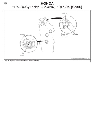 256
Fig. 6: Aligning Timing Belt Marks (Civic, 1988-95)
HONDA
*1.6L 4-Cylinder – SOHC, 1976-95 (Cont.)
Courtesy of American Honda Motor Co. , Inc.
 