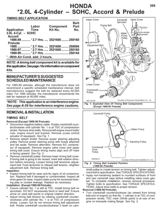 269HONDA
*2.0L 4-Cylinder – SOHC, Accord & Prelude
TIMING BELT APPLICATION
Belt
Labor Component Part
Application Time Kit No. No.
2.0L 4-Cyl. – SOHC
Accord
1986-89 ..........1
2.7 Hrs. .... 2521600........ 250160
Prelude
1985...............1
2.7 Hrs. .... 2521600........ 250094
1986-87 ..........1
2.7 Hrs. .... 2521600........ 250160
1988-90 ..........1
2.7 Hrs. ...........................250144
1
-With Air Cond. add .3 hours.
NOTE: A timing belt component kit is available for
thisapplication.Seepage Iforinformationoncomponent
kits.
MANUFACTURER’SSUGGESTED
SCHEDULEDMAINTENANCE
For 1985-89 vehicles, although the manufacturer does not
recommend a specific scheduled maintenance interval, belt
manufacturers suggest the belt be replaced every 60,000
miles. For 1990 vehicles, the manufacturer recommends the
belt be replaced at 90,000 miles.
*NOTE: This application is an interference engine.
See page A-59 for interference engine cautions.
REMOVAL&INSTALLATION
TIMING BELT
Removal (Except 1988-90 Prelude):
• Disconnect negative battery cable. Rotate crankshaft coun-
terclockwise until cylinder No. 1 is at TDC of compression
stroke. Remove drive belts. Remove left engine mount bolts/
nuts, engine mount and bracket. Remove cruise control
actuator (if equipped). See Fig. 1.
• Remove splash shield. Remove power steering adjusting
pulley. Remove power steering pump with hoses attached
and set aside. Remove alternator. Remove A/C compres-
sor (if equipped). Remove engine valve cover and upper
timing belt cover. Ensure timing marks align and UP mark
is facing upward. See Fig. 3.
• Remove crankshaft pulley. Remove lower timing belt cover.
If timing belt is going to be reused, mark belt rotation direc-
tion before removing. Loosen timing belt tensioner adjust-
ment bolt. Push tensioner to release belt tension, retighten
adjustment bolt. Remove timing belt.
Inspection:
• Inspect timing belt for wear and for signs of oil contamina-
tion. Replace belt if damaged or contaminated. Inspect all
drive gears for wear. Inspect water pump for excessive bear-
ing play or coolant leakage. Replace as necessary.
Installation (Except 1988-90 Prelude):
• Ensure cylinder No. 1 is still at TDC. Install timing belt on
sprockets. DO NOT excessively bend or twist belt. Ensure
arrow on used belt points in original rotation direction.
• Adjust timing belt tension by rotating crankshaft counter-
clockwise until cylinder No. 1 is at TDC of compression
stroke. Loosen, but do not remove timing belt adjustment
bolt. Rotate crankshaft counterclockwise 3 teeth on cam-
Fig. 1: Exploded View Of Timing Belt Components
(Except 1988-90 Prelude)
Fig. 2: Timing Belt Installed Position
(1988-90 Prelude)
Courtesy of American Honda Motor Co., Inc.
shaft pulley to create tension on timing belt. Tighten adjust-
ment bolt to specification. See TORQUE SPECIFICATIONS.
• Apply non-hardening sealant to rounded surfaces of front
and rear camshaft caps before installing valve cover gas-
ket. To complete installation, reverse removal procedure.
Tighten bolts to specification. See TORQUE SPECIFICA-
TIONS. Adjust drive belts to proper tension.
Removal (1988-90 Prelude):
• Turn crankshaft counterclockwise (as viewed from timing
belt end of engine) so that No. 1 cylinder is at TDC of com-
pression stroke. TDC mark (White paint) is at rear of en-
gine on transaxle mating flange. See Fig. 3.
 