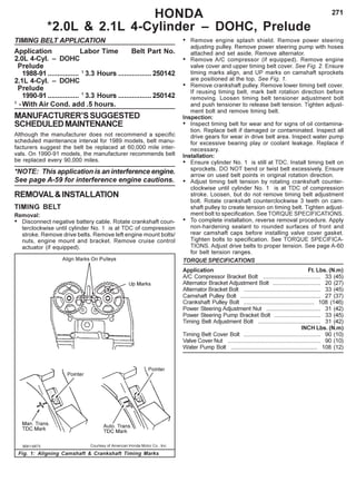 271
Fig. 1: Aligning Camshaft & Crankshaft Timing Marks
HONDA
*2.0L & 2.1L 4-Cylinder – DOHC, Prelude
TIMING BELT APPLICATION
Application Labor Time Belt Part No.
2.0L 4-Cyl. – DOHC
Prelude
1988-91 ................ 1
3.3 Hours .................250142
2.1L 4-Cyl. – DOHC
Prelude
1990-91 ................ 1
3.3 Hours .................250142
1
-With Air Cond. add .5 hours.
MANUFACTURER’SSUGGESTED
SCHEDULEDMAINTENANCE
Although the manufacturer does not recommend a specific
scheduled maintenance interval for 1989 models, belt manu-
facturers suggest the belt be replaced at 60,000 mile inter-
vals. On 1990-91 models, the manufacturer recommends belt
be replaced every 90,000 miles.
*NOTE: This application is an interference engine.
See page A-59 for interference engine cautions.
REMOVAL&INSTALLATION
TIMING BELT
Removal:
• Disconnect negative battery cable. Rotate crankshaft coun-
terclockwise until cylinder No. 1 is at TDC of compression
stroke. Remove drive belts. Remove left engine mount bolts/
nuts, engine mount and bracket. Remove cruise control
actuator (if equipped).
• Remove engine splash shield. Remove power steering
adjusting pulley. Remove power steering pump with hoses
attached and set aside. Remove alternator.
• Remove A/C compressor (if equipped). Remove engine
valve cover and upper timing belt cover. See Fig. 2. Ensure
timing marks align, and UP marks on camshaft sprockets
are positioned at the top. See Fig. 1.
• Remove crankshaft pulley. Remove lower timing belt cover.
If reusing timing belt, mark belt rotation direction before
removing. Loosen timing belt tensioner adjustment bolt
and push tensioner to release belt tension. Tighten adjust-
ment bolt and remove timing belt.
Inspection:
• Inspect timing belt for wear and for signs of oil contamina-
tion. Replace belt if damaged or contaminated. Inspect all
drive gears for wear in drive belt area. Inspect water pump
for excessive bearing play or coolant leakage. Replace if
necessary.
Installation:
• Ensure cylinder No. 1 is still at TDC. Install timing belt on
sprockets. DO NOT bend or twist belt excessively. Ensure
arrow on used belt points in original rotation direction.
• Adjust timing belt tension by rotating crankshaft counter-
clockwise until cylinder No. 1 is at TDC of compression
stroke. Loosen, but do not remove timing belt adjustment
bolt. Rotate crankshaft counterclockwise 3 teeth on cam-
shaft pulley to create tension on timing belt. Tighten adjust-
ment bolt to specification. See TORQUE SPECIFICATIONS.
• To complete installation, reverse removal procedure. Apply
non-hardening sealant to rounded surfaces of front and
rear camshaft caps before installing valve cover gasket.
Tighten bolts to specification. See TORQUE SPECIFICA-
TIONS. Adjust drive belts to proper tension. See page A-60
for belt tension ranges.
TORQUE SPECIFICATIONS
Application Ft. Lbs. (N.m)
A/C Compressor Bracket Bolt .................................... 33 (45)
Alternator Bracket Adjustment Bolt .............................. 20 (27)
Alternator Bracket Bolt ................................................ 33 (45)
Camshaft Pulley Bolt .................................................. 27 (37)
Crankshaft Pulley Bolt ............................................ 108 (146)
Power Steering Adjustment Nut .................................. 31 (42)
Power Steering Pump Bracket Bolt ............................. 33 (45)
Timing Belt Adjustment Bolt ....................................... 31 (42)
INCH Lbs. (N.m)
Timing Belt Cover Bolt ................................................ 90 (10)
Valve Cover Nut .......................................................... 90 (10)
Water Pump Bolt ...................................................... 108 (12)
 