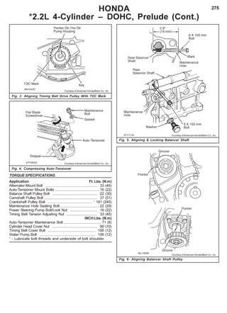 275HONDA
*2.2L 4-Cylinder – DOHC, Prelude (Cont.)
Fig. 3: Aligning Timing Belt Drive Pulley With TDC Mark
Fig. 4: Compressing Auto-Tensioner
Fig. 5: Aligning & Locking Balancer Shaft
Fig. 6: Aligning Balancer Shaft Pulley
Courtesy of American Honda Motor Co., Inc.
Courtesy of American Honda Motor Co., Inc.
Courtesy of American Honda Motor Co., Inc.
Courtesy of American Honda Motor Co., Inc.
TORQUE SPECIFICATIONS
Application Ft. Lbs. (N.m)
Alternator Mount Bolt ................................................... 33 (45)
Auto-Tensioner Mount Bolts ........................................... 16 (22)
Balance Shaft Pulley Bolt ............................................ 22 (30)
Camshaft Pulley Bolt .................................................... 37 (51)
Crankshaft Pulley Bolt ........................................... 1
181 (245)
Maintenance Hole Sealing Bolt ...................................... 22 (29)
Power Steering Pump Bolt/Lock Nut ........................... 16 (22)
Timing Belt Tension Adjusting Nut .............................. 33 (45)
INCH Lbs. (N.m)
Auto-Tensioner Maintenance Bolt..................................... 71 (8)
Cylinder Head Cover Nut ............................................ 90 (10)
Timing Belt Cover Bolt .............................................. 106 (12)
Water Pump Bolt ...................................................... 106 (12)
1
- Lubricate bolt threads and underside of bolt shoulder.
 