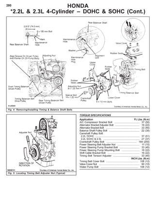 280 HONDA
*2.2L & 2.3L 4-Cylinder – DOHC & SOHC (Cont.)
Fig. 4: Removing/Installing Timing & Balance Shaft Belts
Fig. 5: Locating Timing Belt Adjuster Nut (Typical)
TORQUE SPECIFICATIONS
Application Ft. Lbs. (N.m)
A/C Compressor Bracket Bolt .................................... 37 (50)
Alternator Bracket Adjuster Bolt ................................... 16 (22)
Alternator Bracket Bolt ................................................ 33 (45)
Balance Shaft Pulley Bolt ............................................ 22 (30)
Camshaft Pulley Bolt
2.2L DOHC ............................................................... 37 (51)
2.2L SOHC & 2.3L .................................................... 27 (37)
Crankshaft Pulley Bolt ............................................ 184 (250)
Power Steering Belt Adjuster Nut ................................ 11 (15)
Power Steering Pump Bracket Bolt ............................. 33 (45)
Power Steering Pump Mounting Bolt .......................... 16 (22)
Shift Cable Bracket Bolt .............................................. 16 (22)
Timing Belt Tension Adjuster ...................................... 33 (45)
INCH Lbs. (N.m)
Timing Belt Cover Bolt .............................................. 108 (12)
Valve Cover Nut .......................................................... 90 (10)
Water Pump Bolt ...................................................... 108 (12)
 