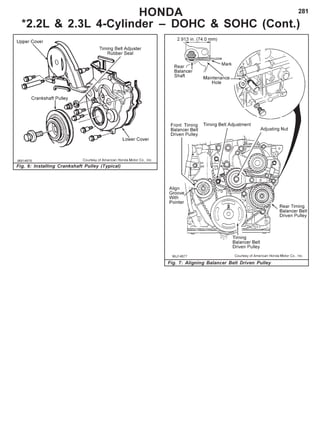 281
Fig. 7: Aligning Balancer Belt Driven Pulley
HONDA
*2.2L & 2.3L 4-Cylinder – DOHC & SOHC (Cont.)
Fig. 6: Installing Crankshaft Pulley (Typical)
 