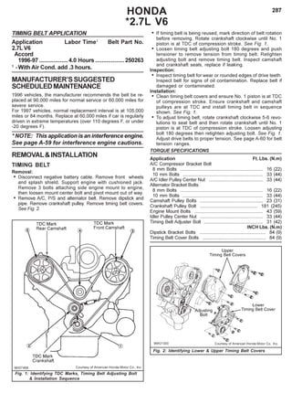 287HONDA
*2.7L V6
TIMING BELT APPLICATION
Application Labor Time1
Belt Part No.
2.7L V6
Accord
1996-97 ..................4.0 Hours ..................250263
1
-With Air Cond. add .3 hours.
MANUFACTURER’SSUGGESTED
SCHEDULEDMAINTENANCE
1996 vehicles, the manufacturer recommends the belt be re-
placed at 90,000 miles for normal service or 60,000 miles for
severe service.
For 1997 vehicles, normal replacement interval is at 105,000
miles or 84 months. Replace at 60,000 miles if car is regularly
driven in extreme temperatures (over 110 degrees F, or under
-20 degrees F).
* NOTE: This application is an interference engine.
See page A-59 for interference engine cautions.
REMOVAL&INSTALLATION
TIMING BELT
Removal:
• Disconnect negative battery cable. Remove front wheels
and splash shield. Support engine with cushioned jack.
Remove 3 bolts attaching side engine mount to engine,
then loosen mount center bolt and pivot mount out of way.
• Remove A/C, P/S and alternator belt. Remove dipstick and
pipe. Remove crankshaft pulley. Remove timing belt covers.
See Fig. 2.
Fig. 1: Identifying TDC Marks, Timing Belt Adjusting Bolt
& Installation Sequence
Fig. 2: Identifying Lower & Upper Timing Belt Covers
• If timing belt is being reused, mark direction of belt rotation
before removing. Rotate crankshaft clockwise until No. 1
piston is at TDC of compression stroke. See Fig. 1.
• Loosen timing belt adjusting bolt 180 degrees and push
tensioner to remove tension from timing belt. Retighten
adjusting bolt and remove timing belt. Inspect camshaft
and crankshaft seals, replace if leaking.
Inspection:
• Inspect timing belt for wear or rounded edges of drive teeth.
Inspect belt for signs of oil contamination. Replace belt if
damaged or contaminated.
Installation:
• Clean timing belt covers and ensure No. 1 piston is at TDC
of compression stroke. Ensure crankshaft and camshaft
pulleys are at TDC and install timing belt in sequence
shown. See Fig. 1.
• To adjust timing belt, rotate crankshaft clockwise 5-6 revo-
lutions to seat belt and then rotate crankshaft until No. 1
piston is at TDC of compression stroke. Loosen adjusting
bolt 180 degrees then retighten adjusting bolt. See Fig. 1.
Adjust drive belts to proper tension. See page A-60 for belt
tension ranges.
TORQUE SPECIFICATIONS
Application Ft. Lbs. (N.m)
A/C Compressor Bracket Bolt
8 mm Bolts ............................................................... 16 (22)
10 mm Bolts ............................................................. 33 (44)
A/C Idler Pulley Center Nut ......................................... 33 (44)
Alternator Bracket Bolts
8 mm Bolts ............................................................... 16 (22)
10 mm Bolts ............................................................. 33 (44)
Camshaft Pulley Bolts ................................................ 23 (31)
Crankshaft Pulley Bolt ............................................ 181 (245)
Engine Mount Bolts .................................................... 43 (59)
Idler Pulley Center Nut ................................................ 33 (44)
Timing Belt Adjuster Bolt ............................................. 31 (42)
INCH Lbs. (N.m)
Dipstick Bracket Bolts .................................................. 84 (9)
Timing Belt Cover Bolts ................................................ 84 (9)
 