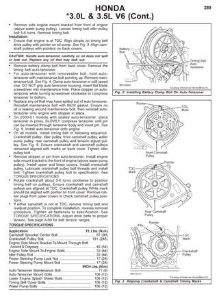 289
Fig. 3: Aligning Crankshaft & Camshaft Timing Marks
HONDA
*3.0L & 3.5L V6 (Cont.)
• Remove side engine mount bracket from front of engine
(above water pump pulley). Loosen timing belt idler pulley
bolt 5-6 turns. Remove timing belt.
Installation:
• Ensure that engine is at TDC. Align dimple on timing belt
drive pulley with pointer on oil pump. See Fig. 3. Align cam-
shaft pulleys with pointers on back covers.
CAUTION: Handle auto-tensioner carefully so oil does not spill
or leak out. Replace any oil that may leak out.
• Remove battery clamp bolt from back cover. Remove the
timing belt auto-tensioner.
• For auto-tensioner with removeable bolt, hold auto-
tensioner with maintenance bolt pointing up. Remove main-
tenance bolt. See Fig. 4. Clamp auto-tensioner in soft-jawed
vise. DO NOT grip auto-tensioner housing. Insert flat blade
screwdriver into maintenance hole. Place stopper on auto-
tensioner while turning screwdriver clockwise to compress
tensioner to bottom.
• Replace any oil that may have spilled out of auto-tensioner.
Reinstall maintenance bolt with NEW gasket. Ensure no
oil is leaking around maintenance bolt, then reinstall auto-
tensioner onto engine with stopper in place.
• On 2000-01 models with sealed auto-tensioner, place
tensioner in press. SLOWLY compress tensioner until pin
can be inserted through tensioner body and insert pin. See
Fig. 5. Install auto-tensioner onto engine.
• On all models, install timing belt in following sequence:
Crankshaft pulley, idler pulley, front camshaft pulley, water
pump pulley, rear camshaft pulley and tension adjust pul-
ley. See Fig. 6. Ensure crankshaft and camshaft pulleys
remained aligned with marks on back cover. Tighten idler
pulley bolt.
• Remove stopper or pin from auto-tensioner. Install engine
side mount bracket to the front of engine (above water pump
pulley). Install upper and lower covers. Install crankshaft
pulley. Lubricate crankshaft pulley bolt threads and install
bolt. Tighten crankshaft pulley bolt to specification. See
TORQUE SPECIFICATIONS.
• Rotate crankshaft about 5-6 turns clockwise to position
timing belt on pulleys. Ensure crankshaft and camshaft
pulleys are aligned at TDC. Crankshaft pulley White mark
should be aligned with pointer on front cover. Remove rub-
ber plugs from upper covers to check camshaft pulley posi-
tions.
• If either camshaft is not at TDC, remove timing belt and
readjust position. To complete installation, reverse removal
procedure. Tighten all fasteners to specification. See
TORQUE SPECIFICATIONS. Adjust drive belts to proper
tension. See page A-60 for belt tension ranges.
TORQUE SPECIFICATIONS
Application Ft. Lbs. (N.m)
Camshaft Sprocket Center Bolt ...................................... 67 (90)
Crankshaft Pulley Bolt ............................................ 181 (245)
Engine Side Mount Bracket-To-Mount Through-Bolt
Accord & Odyssey ......................................................... 40 (54)
Engine Side Mount-To-Engine Bolts .............................. 33 (44)
Idler Pulley Bolt .............................................................. 33 (44)
Power Steering Pump Lock Nut ..................................... 17 (24)
Power Steering Pump Mount Bolt ................................... 17 (24)
INCH Lbs. (N.m)
Auto-Tensioner Maintenance Bolt..................................... 71 (8)
Auto-Tensioner Mount Bolts ......................................... 106 (12)
Lower Engine Splash Shield Bolts ............................... 106 (12)
Timing Belt Cover Bolts ............................................ 106 (12)
Water Pump Bolts .................................................... 106 (12)
Fig. 2: Installing Battery Clamp Bolt On Auto-Tensioner
Courtesy of American Honda Motor Co.
Courtesy of American Honda Motor Co.
 