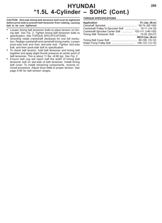 295HYUNDAI
*1.5L 4-Cylinder – SOHC (Cont.)
CAUTION: Slot-side timing belt tensioner bolt must be tightened
before pivot-side to prevent belt tensioner from rotating, causing
belt to be over tightened.
• Loosen timing belt tensioner bolts to place tension on tim-
ing belt. See Fig. 2. Tighten timing belt tensioner bolts to
specification. See TORQUE SPECIFICATIONS.
• Smoothly rotate crankshaft clockwise for one full revolu-
tion. Realign crankshaft and camshaft timing marks. Loosen
pivot-side bolt and then slot-side bolt. Tighten slot-side
bolt, and then pivot-side bolt to specification.
• To check belt tension, hold belt tensioner and timing belt
together and apply slight thumb pressure at center point of
belt tensioner. This is about 11 lbs. (4.98 kg). See Fig. 2.
• Ensure belt cog will reach half the width of timing belt
tensioner bolt on slot-side of belt tensioner. Install timing
belt cover. To install remaining components, reverse re-
moval procedure. Adjust drive belts to proper tension. See
page A-60 for belt tension ranges.
TORQUE SPECIFICATIONS
Application Ft. Lbs. (N.m)
Camshaft Sprocket ......................................... 59-74 (80-100)
Crankshaft Pulley-To-Sprocket Bolt .................. 10-11 (14-15)
Crankshaft Sprocket Center Bolt ............... 103-111 (140-150)
Timing Belt Tensioner Bolt ............................... 15-20 (20-27)
INCH Lbs. (N.m)
Timing Belt Cover Bolt .................................... 89-106 (10-12)
Water Pump Pulley Bolt ............................... 106-133 (12-15)
 