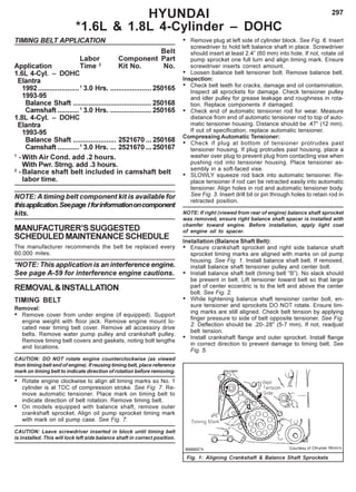 297
TIMING BELT APPLICATION
Belt
Labor Component Part
Application Time 2
Kit No. No.
1.6L 4-Cyl. – DOHC
Elantra
1992.....................1
3.0 Hrs. .....................250165
1993-95
Balance Shaft ........................................ 250168
Camshaft ...........1
3.0 Hrs. .....................250165
1.8L 4-Cyl. – DOHC
Elantra
1993-95
Balance Shaft ...................... 2521670 ... 250168
Camshaft ...........1
3.0 Hrs. ... 2521670 ... 250167
1
-With Air Cond. add .2 hours.
With Pwr. Strng. add .3 hours.
2
-Balance shaft belt included in camshaft belt
labor time.
NOTE: A timing belt component kit is available for
thisapplication.Seepage Iforinformationoncomponent
kits.
MANUFACTURER’SSUGGESTED
SCHEDULEDMAINTENANCESCHEDULE
The manufacturer recommends the belt be replaced every
60,000 miles.
*NOTE: This application is an interference engine.
See page A-59 for interference engine cautions.
REMOVAL&INSTALLATION
TIMING BELT
Removal:
• Remove cover from under engine (if equipped). Support
engine weight with floor jack. Remove engine mount lo-
cated near timing belt cover. Remove all accessory drive
belts. Remove water pump pulley and crankshaft pulley.
Remove timing belt covers and gaskets, noting bolt lengths
and locations.
CAUTION: DO NOT rotate engine counterclockwise (as viewed
from timing belt end of engine). If reusing timing belt, place reference
mark on timing belt to indicate direction of rotation before removing.
• Rotate engine clockwise to align all timing marks so No. 1
cylinder is at TDC of compression stroke. See Fig. 7. Re-
move automatic tensioner. Place mark on timing belt to
indicate direction of belt rotation. Remove timing belt.
• On models equipped with balance shaft, remove outer
crankshaft sprocket. Align oil pump sprocket timing mark
with mark on oil pump case. See Fig. 7.
CAUTION: Leave screwdriver inserted in block until timing belt
is installed. This will lock left side balance shaft in correct position.
HYUNDAI
*1.6L & 1.8L 4-Cylinder – DOHC
• Remove plug at left side of cylinder block. See Fig. 6. Insert
screwdriver to hold left balance shaft in place. Screwdriver
should insert at least 2.4” (60 mm) into hole. If not, rotate oil
pump sprocket one full turn and align timing mark. Ensure
screwdriver inserts correct amount.
• Loosen balance belt tensioner bolt. Remove balance belt.
Inspection:
• Check belt teeth for cracks, damage and oil contamination.
Inspect all sprockets for damage. Check tensioner pulley
and idler pulley for grease leakage and roughness in rota-
tion. Replace components if damaged.
• Check end of automatic tensioner rod for wear. Measure
distance from end of automatic tensioner rod to top of auto-
matic tensioner housing. Distance should be .47" (12 mm).
If out of specification, replace automatic tensioner.
Compressing Automatic Tensioner:
• Check if plug at bottom of tensioner protrudes past
tensioner housing. If plug protrudes past housing, place a
washer over plug to prevent plug from contacting vise when
pushing rod into tensioner housing. Place tensioner as-
sembly in a soft-faced vise.
• SLOWLY squeeze rod back into automatic tensioner. Re-
place tensioner if rod can be retracted easily into automatic
tensioner. Align holes in rod and automatic tensioner body.
See Fig. 3. Insert drill bit or pin through holes to retain rod in
retracted position.
NOTE: If right (viewed from rear of engine) balance shaft sprocket
was removed, ensure right balance shaft spacer is installed with
chamfer toward engine. Before installation, apply light coat
of engine oil to spacer.
Installation (Balance Shaft Belt):
• Ensure crankshaft sprocket and right side balance shaft
sprocket timing marks are aligned with marks on oil pump
housing. See Fig. 1. Install balance shaft belt. If removed,
install balance shaft tensioner pulley and center bolt.
• Install balance shaft belt (timing belt “B”). No slack should
be present in belt. Lift tensioner toward belt so that large
part of center eccentric is to the left and above the center
bolt. See Fig. 2.
• While tightening balance shaft tensioner center bolt, en-
sure tensioner and sprockets DO NOT rotate. Ensure tim-
ing marks are still aligned. Check belt tension by applying
finger pressure to side of belt opposite tensioner. See Fig.
2. Deflection should be .20-.28" (5-7 mm). If not, readjust
belt tension.
• Install crankshaft flange and outer sprocket. Install flange
in correct direction to prevent damage to timing belt. See
Fig. 5.
Fig. 1: Aligning Crankshaft & Balance Shaft Sprockets
 