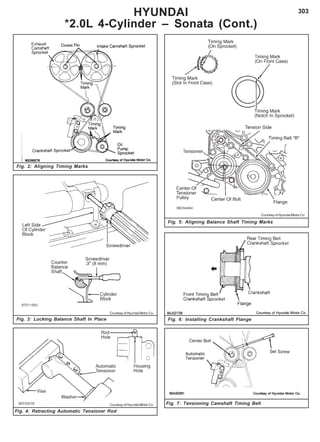 303HYUNDAI
*2.0L 4-Cylinder – Sonata (Cont.)
Fig. 2: Aligning Timing Marks
Fig. 4: Retracting Automatic Tensioner Rod
Courtesy of Hyundai Motor Co.
Fig. 3: Locking Balance Shaft In Place
Courtesy of Hyundai Motor Co.
Fig. 5: Aligning Balance Shaft Timing Marks
Courtesy of Hyundai Motor Co.
Fig. 6: Installing Crankshaft Flange
Fig. 7: Tensioning Camshaft Timing Belt
 