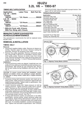 332 ISUZU
3.2L V6 – 1993-97
TIMING BELT APPLICATION
Application Labor Time Belt Part No.
3.2L V6 – DOHC
Trooper
1992-95 ................ 1
2.6. Hours ................250220
3.2L V6 – SOHC
Rodeo
1993-97 ................ 1
2.8 Hours .................250221
Trooper
1992-97 ................ 1
2.8 Hours .................250221
1
-With Air Cond. add .4 hours.
With Pwr. Strng. add .3 hours.
MANUFACTURER’SSUGGESTED
SCHEDULEDMAINTENANCE
The manufacturer recommends the belt be replaced every
60,000 miles.
REMOVAL&INSTALLATION
TIMING BELT
Removal:
• Disconnect negative battery cable. Remove air cleaner as-
sembly. Remove upper fan shroud. Remove cooling fan
assembly. Remove all accessory drive belts.
• Remove fan pulley assembly. Remove crankshaft pulley
bolt. Using Puller (J-8614-01) or equivalent, remove crank-
shaft pulley pulley. Remove oil cooler hose from timing
cover. Remove timing belt cover. Align all timing marks prior
to belt removal. See Figs. 1, 2 and 3. Remove belt tensioner
pusher and timing belt.
Installation:
• Ensuring all timing marks are aligned. Install belt over one
pulley at a time staring at crankshaft sprocket working coun-
terclockwise. Belt should go over tensioner last. Secure
belt at each pulley during installation with pinch clips. See
Fig. 4.
CAUTION: To ensure correct timing belt installation, ensure
direction of rotation arrows are pointing in proper direction.
If timing belt is being reused, install belt in original direction
of rotation.
• Compress timing belt tensioner pusher and insert pin to
retain pusher. Apply pressure to tensioner against belt and
install tensioner pusher. Tighten bolts to specification. See
TORQUE SPECIFICATIONS.
• Loosen tensioner pulley bolt. Apply pressure on belt by
rotating tensioner. Tighten tensioner pulley bolt to specifi-
cation. Remove pin from timing belt tensioner pusher.
• Remove pinch clips from timing belt, (if used). Install crank-
shaft pulley, tightening center bolt finger tight. Rotate crank-
shaft 2 turns clockwise. Ensure timing belt tensioner pusher
rod protrudes proper amount. See Fig. 5.
• If timing belt tensioner pusher rod protrusion is not within
specification, remove pusher, loosen tensioner pulley bolt
and readjust. Reset timing belt tensioner pusher rod and
repeat step 3). Remove crankshaft pulley and install timing
belt cover. To complete installation, reverse removal proce-
dure. Tighten nuts and bolts to specification. See TORQUE
SPECIFICATIONS. Adjust drive belts to proper tension. See
page A-60 for belt tension ranges.
TORQUE SPECIFICATIONS
Application Ft. Lbs. (N.m)
Camshaft Pulley Bolt .................................................. 41 (56)
Camshaft Sprocket Bolt .............................................. 41 (56)
Crankshaft Pulley Bolt ............................................ 123 (167)
Fan Pulley Bolt ............................................................ 16 (22)
Front Plate Bolt ........................................................... 14 (19)
Idler Arm Retaining Bolt .............................................. 33 (44)
Power Steering Pump Bolt .......................................... 34 (46)
Timing Belt Cover Bolt ................................................ 13 (18)
Timing Belt Tensioner Pulley Bolt ............................... 32 (43)
Timing Belt Tensioner Pusher Bolt ............................. 14 (19)
Upper Intake Manifold Bolt .......................................... 18 (24)
INCH Lbs. (N.m)
Camshaft Thrust Plate Bolt ........................................ 87 (10)
Cooling Fan Assembly Nut ........................................... 69 (8)
Fig. 1: Aligning Timing Marks (DOHC)
Fig. 2: Aligning Camshaft Timing Marks (SOHC)
 