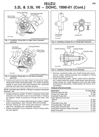 335
Fig. 3: Installing Timing Belt on Right Hand Camshaft
Sprocket
ISUZU
3.2L & 3.5L V6 – DOHC, 1998-01 (Cont.)
Courtesy of American Honda Motor Co.
Fig. 4: Installing Timing Belt on Left Hand Camshaft
Sprocket
Courtesy of American Honda Motor Co.
Fig. 5: Installing Locking Pin in Timing Belt Tensioner
Courtesy of American Honda Motor Co.
Courtesy of American Honda Motor Co.
Fig. 6: Installing Timing Belt Cover Bushings
• Install timing belt around idler pulley and tensioner pulley.
Temporarily install crankshaft pulley. Turn pulley clockwise
slightly to give some belt slack between the crankshaft
sprocket and right hand camshaft sprocket.
NOTE: It will take about 220 lbs. (100 kg) to compress timing belt
tensioner rod.
• Holding tensioner upright, SLOWLY compress timing belt
tensioner rod until hole in top of rod and holes in housing
are aligned. Install a locking pin through the holes. See
Fig. 5.
• Install tensioner on engine with locking pin in place. Tighten
bolts to specification. See TORQUE SPECIFICATIONS.
• Remove locking pin from timing belt tensioner. Remove
clips from camshaft and crankshaft sprockets.
• Rotate crankshaft 2 turns clockwise. Ensure timing marks
are still aligned.
• Remove crankshaft pulley and install timing belt covers.
Ensure rubber sealing bushings are installed on timing
belt cover bolts. See Fig. 6.
• Install crankshaft pulley. Tighten center bolt to specifica-
tion. Install cooling fan pulley. Install power steering pump.
Install cooling fan. Install serpentine drive belt idler pulley
and tensioner assemblies. Install radiator fan shroud. Con-
nect battery.
TORQUE SPECIFICATIONS
Application Ft. Lbs. (N.m)
Camshaft Sprocket Bolt .............................................. 72 (98)
Cooling Fan Pulley Bolt .............................................. 16 (22)
Crankshaft Pulley Bolt ............................................ 123 (167)
Power Steering Pump Bolt
M8 Bolt ......................................................................... 16 (22)
M10 ............................................................................. 34 (46)
Timing Belt Cover Bolt ................................................ 14 (19)
Timing Belt Idler Pulley Bolt ........................................ 38 (52)
Timing Belt Tensioner Bolt ......................................... 18 (25)
Timing Belt Tensioner Pulley Pivot Bolt ...................... 31 (42)
Water Pump Bolt ......................................................... 18 (25)
 