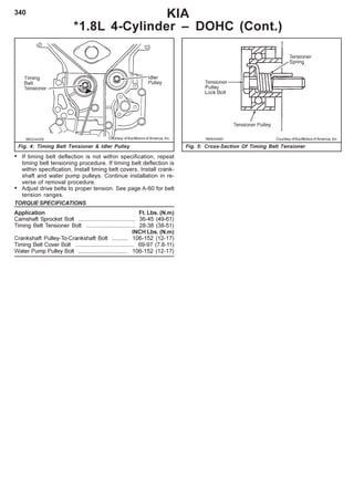 340 KIA
*1.8L 4-Cylinder – DOHC (Cont.)
Fig. 5: Cross-Section Of Timing Belt Tensioner
Courtesy of Kia Motors of America, Inc.Courtesy of Kia Motors of America, Inc.
Fig. 4: Timing Belt Tensioner & Idler Pulley
• If timing belt deflection is not within specification, repeat
timing belt tensioning procedure. If timing belt deflection is
within specification, Install timing belt covers. Install crank-
shaft and water pump pulleys. Continue installation in re-
verse of removal procedure.
• Adjust drive belts to proper tension. See page A-60 for belt
tension ranges.
TORQUE SPECIFICATIONS
Application Ft. Lbs. (N.m)
Camshaft Sprocket Bolt .................................... 36-45 (49-61)
Timing Belt Tensioner Bolt ............................... 28-38 (38-51)
INCH Lbs. (N.m)
Crankshaft Pulley-To-Crankshaft Bolt .......... 106-152 (12-17)
Timing Belt Cover Bolt ..................................... 69-97 (7.8-11)
Water Pump Pulley Bolt ............................... 106-152 (12-17)
 