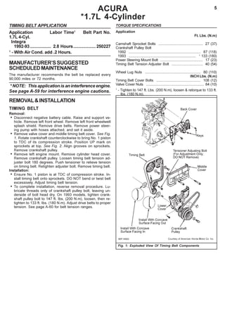 5ACURA
*1.7L 4-Cylinder
TIMING BELT APPLICATION
Application Labor Time1
Belt Part No.
1.7L 4-Cyl.
Integra
1992-93 ................. 2.8 Hours..................250227
1
- With Air Cond. add .2 Hours.
MANUFACTURER’SSUGGESTED
SCHEDULEDMAINTENANCE
The manufacturer recommends the belt be replaced every
90,000 miles or 72 months.
* NOTE: This application is an interference engine.
See page A-59 for interference engine cautions.
REMOVAL&INSTALLATION
TIMING BELT
Removal:
• Disconnect negative battery cable. Raise and support ve-
hicle. Remove left front wheel. Remove left front wheelwell
splash shield. Remove drive belts. Remove power steer-
ing pump with hoses attached, and set it aside.
• Remove valve cover and middle timing belt cover. See Fig.
1. Rotate crankshaft counterclockwise to bring No. 1 piston
to TDC of its compression stroke. Position UP mark on
sprockets at top. See Fig. 2. Align grooves on sprockets.
Remove crankshaft pulley.
• Remove left engine mount. Remove cylinder head cover.
Remove crankshaft pulley. Loosen timing belt tension ad-
juster bolt 180 degrees. Push tensioner to relieve tension
on timing belt. Retighten adjuster bolt. Remove timing belt.
Installation:
• Ensure No. 1 piston is at TDC of compression stroke. In-
stall timing belt onto sprockets. DO NOT bend or twist belt
excessively. Adjust timing belt tension.
• To complete installation, reverse removal procedure. Lu-
bricate threads only of crankshaft pulley bolt, leaving un-
derside of bolt head dry. On 1993 models, tighten crank-
shaft pulley bolt to 147 ft. Ibs. (200 N.m), loosen, then re-
tighten to 133 ft. Ibs. (180 N.m). Adjust drive belts to proper
tension. See page A-60 for belt tension ranges.
Fig. 1: Exploded View Of Timing Belt Components
TORQUE SPECIFICATIONS
Application
Ft. Lbs. (N.m)
Camshaft Sprocket Bolts ............................................ 27 (37)
Crankshaft Pulley Bolt
1992 ....................................................................... 87 (118)
1993 .................................................................. 1
133 (180)
Power Steering Mount Bolt .......................................... 17 (23)
Timing Belt Tension Adjuster Bolt ............................... 40 (54)
Wheel Lug Nuts ....................................................... 80 (110)
INCH Lbs. (N.m)
Timing Belt Cover Bolts ............................................ 108 (12)
Valve Cover Nuts ......................................................... 84 (10)
1
- Tighten to 147 ft. Lbs. (200 N.m), loosen & retorque to 133 ft.
lbs. (180 N.m).
 