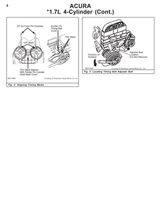 6 ACURA
*1.7L 4-Cylinder (Cont.)
Fig. 3: Locating Timing Belt Adjuster Bolt
Fig. 2: Aligning Timing Marks
 