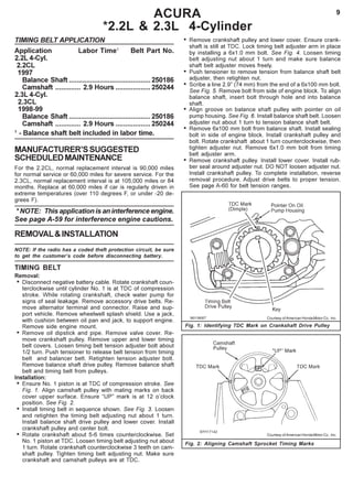 9ACURA
*2.2L & 2.3L 4-Cylinder
TIMING BELT APPLICATION
Application Labor Time1
Belt Part No.
2.2L 4-Cyl.
2.2CL
1997
Balance Shaft ..........................................250186
Camshaft ............. 2.9 Hours ..................250244
2.3L 4-Cyl.
2.3CL
1998-99
Balance Shaft ..........................................250186
Camshaft ............. 2.9 Hours ..................250244
1
- Balance shaft belt included in labor time.
MANUFACTURER’SSUGGESTED
SCHEDULEDMAINTENANCE
For the 2.2CL, normal replacement interval is 90,000 miles
for normal service or 60,000 miles for severe service. For the
2.3CL, normal replacement interval is at 105,000 miles or 84
months. Replace at 60,000 miles if car is regularly driven in
extreme temperatures (over 110 degrees F, or under -20 de-
grees F).
* NOTE: This application is an interference engine.
See page A-59 for interference engine cautions.
REMOVAL&INSTALLATION
NOTE: If the radio has a coded theft protection circuit, be sure
to get the customer’s code before disconnecting battery.
TIMING BELT
Removal:
• Disconnect negative battery cable. Rotate crankshaft coun-
terclockwise until cylinder No. 1 is at TDC of compression
stroke. While rotating crankshaft, check water pump for
signs of seal leakage. Remove accessory drive belts. Re-
move alternator terminal and connector. Raise and sup-
port vehicle. Remove wheelwell splash shield. Use a jack,
with cushion between oil pan and jack, to support engine.
Remove side engine mount.
• Remove oil dipstick and pipe. Remove valve cover. Re-
move crankshaft pulley. Remove upper and lower timing
belt covers. Loosen timing belt tension adjuster bolt about
1/2 turn. Push tensioner to release belt tension from timing
belt and balancer belt. Retighten tension adjuster bolt.
Remove balance shaft drive pulley. Remove balance shaft
belt and timing belt from pulleys.
Installation:
• Ensure No. 1 piston is at TDC of compression stroke. See
Fig. 1. Align camshaft pulley with mating marks on back
cover upper surface. Ensure “UP” mark is at 12 o’clock
position. See Fig. 2.
• Install timing belt in sequence shown. See Fig. 3. Loosen
and retighten the timing belt adjusting nut about 1 turn.
Install balance shaft drive pulley and lower cover. Install
crankshaft pulley and center bolt.
• Rotate crankshaft about 5-6 times counterclockwise. Set
No. 1 piston at TDC. Loosen timing belt adjusting nut about
1 turn. Rotate crankshaft counterclockwise 3 teeth on cam-
shaft pulley. Tighten timing belt adjusting nut. Make sure
crankshaft and camshaft pulleys are at TDC.
Fig. 1: Identifying TDC Mark on Crankshaft Drive Pulley
• Align groove on balance shaft pulley with pointer on oil
pump housing. See Fig. 6. Install balance shaft belt. Loosen
adjuster nut about 1 turn to tension balance shaft belt.
• Remove 6x100 mm bolt from balance shaft. Install sealing
bolt in side of engine block. Install crankshaft pulley and
bolt. Rotate crankshaft about 1 turn counterclockwise, then
tighten adjuster nut. Remove 6x1.0 mm bolt from timing
belt adjuster arm.
• Remove crankshaft pulley. Install lower cover. Install rub-
ber seal around adjuster nut. DO NOT loosen adjuster nut.
Install crankshaft pulley. To complete installation, reverse
removal procedure. Adjust drive belts to proper tension.
See page A-60 for belt tension ranges.
Fig. 2: Aligning Camshaft Sprocket Timing Marks
Courtesy of American Honda Motor Co., Inc.
Courtesy of American Honda Motor Co., Inc.
• Remove crankshaft pulley and lower cover. Ensure crank-
shaft is still at TDC. Lock timing belt adjuster arm in place
by installing a 6x1.0 mm bolt. See Fig. 4. Loosen timing
belt adjusting nut about 1 turn and make sure balance
shaft belt adjuster moves freely.
• Push tensioner to remove tension from balance shaft belt
adjuster, then retighten nut.
• Scribe a line 2.9” (74 mm) from the end of a 6x100 mm bolt.
See Fig. 5. Remove bolt from side of engine block. To align
balance shaft, insert bolt through hole and into balance
shaft.
 