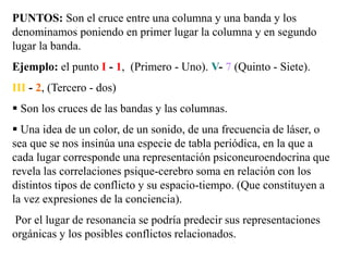 PUNTOS: Son el cruce entre una columna y una banda y los
denominamos poniendo en primer lugar la columna y en segundo
lugar la banda.
Ejemplo: el punto I - 1, (Primero - Uno). V- 7 (Quinto - Siete).
III - 2, (Tercero - dos)
 Son los cruces de las bandas y las columnas.
 Una idea de un color, de un sonido, de una frecuencia de láser, o
sea que se nos insinúa una especie de tabla periódica, en la que a
cada lugar corresponde una representación psiconeuroendocrina que
revela las correlaciones psique-cerebro soma en relación con los
distintos tipos de conflicto y su espacio-tiempo. (Que constituyen a
la vez expresiones de la conciencia).
Por el lugar de resonancia se podría predecir sus representaciones
orgánicas y los posibles conflictos relacionados.
 