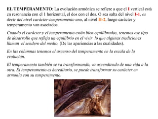EL TEMPERAMENTO: La evolución armónica se refiere a que el I vertical está
en resonancia con el 1 horizontal, el dos con el dos. O sea salta del nivel I-1, es
decir del nivel carácter-temperamento uno, al nivel II-2, luego carácter y
temperamento van asociados.
Cuando el carácter y el temperamento están bien equilibrados, tenemos ese tipo
de desarrollo que refleja un equilibrio en el vivir lo que algunas tradiciones
llaman el sendero del medio. (De las apariencias a las cualidades).
En las columnas tenemos el ascenso del temperamento en la escala de la
evolución.
El temperamento también se va transformando, va ascendiendo de una vida a la
otra. El temperamento es hereditario, se puede transformar su carácter en
armonía con su temperamento.
 