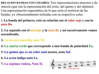 RELACION BANDAS CON COLORES: Tres representaciones mayores o de
síntesis (que son la representación del sexto, del quinto y del séptimo).
Una representación esquemática de lo que sería el territorio de las
bandas, ya vibracionalmente incluidas con su respectivo color.
1. La banda del primero, está en relación con el color rojo y con la
nota Do
2. La segunda con el naranja y la nota Re y así sucesivamente vamos
ascendiendo,
3. La tercera amarilla, nota Mi
4. La cuarta verde que corresponde a una banda de polaridad Fa.
5. La quinta que es un color azul oscuro, nota Sol.
6. La sexta índigo nota La
7. La séptima violeta, Nota Si.
 