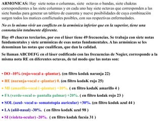 ARMONICAS: Hay siete notas o columnas, siete octavas o bandas, siete chakras
correspondientes a las siete columnas y en cada uno hay siete octavas que corresponden a las
siete bandas para generar un tablero de cuarenta y nueve posibilidades de cuya combinación
surgen todos los matices conflictuales posibles, con sus respectivas enfermedades.
No es lo mismo vivir un conflicto en la armónica inferior que en la superior, tiene una
connotación totalmente diferente.
Hay 49 chacras terciarios, por eso el láser tiene 49 frecuencias. Se trabaja con siete notas
fundamentales y siete armónicas de esas notas fundamentales. A las armónicas se les
denominan las notas que cualifican, que dan la calidad.
Se llaman ABCDEFG en el láser codificado con las frecuencias de Nogier, corresponde a la
misma nota RE en diferentes octavas, de tal modo que las notas son:
• DO -10% (rojo-vocal a -plantar). (en filtro kodak naranja 22)
 RE (naranja-vocal e -plantar) 0. (en filtro kodaK rojo 25)
 MI (amarillo-vocal i -plantar) +10%. ( en filtro kodaK amarillo 4 )
 FA (verde-vocal o- pantalla palmar) +20%. ( en filtro kodak rojo 23 )
 SOL (azul- vocal u- somatotopia auricular) +30%. (en filtro kodak azul 44 )
 LA (añil-nasal) -30%. ( en filtro kodaK azul 98 )
 SI (violeta-ocular) -20%. ( en filtro kodak fucsia 31 )
 