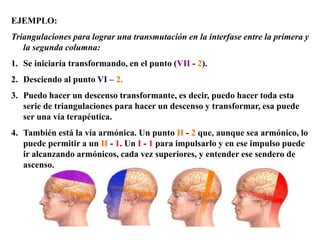 EJEMPLO:
Triangulaciones para lograr una transmutación en la interfase entre la primera y
la segunda columna:
1. Se iniciaría transformando, en el punto (VII - 2).
2. Desciendo al punto VI – 2.
3. Puedo hacer un descenso transformante, es decir, puedo hacer toda esta
serie de triangulaciones para hacer un descenso y transformar, esa puede
ser una vía terapéutica.
4. También está la vía armónica. Un punto II - 2 que, aunque sea armónico, lo
puede permitir a un II - 1. Un I - 1 para impulsarlo y en ese impulso puede
ir alcanzando armónicos, cada vez superiores, y entender ese sendero de
ascenso.
 