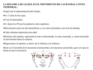 LA DINAMICA DE LO QUE ES EL MOVIMIENTO DE LAS BANDAS A NIVEL
TEMPORAL:
Aquí esta la representación del tiempo.
0 a 7 colas de las cejas.
14 en el intermedio.
21, hasta los 49 son los primeros siete septenios.
Movimiento entre los dos hemisferios y eso está ocurriendo a nivel de las bandas.
Cada columna representa una edad.
Partimos del espíritu, representa lo más evolucionado, lo más avanzado, y vamos haciendo
el movimiento hasta la materia.
Regresamos al espíritu, es decir, de la infancia a la infancia.
Este es el recorrido de la inocencia inconsciente a la inocencia consciente, que es lo que se
llama la nueva inocencia.
 