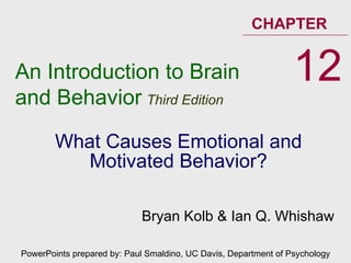 What Causes Emotional and Motivated Behavior? An Introduction to Brain and Behavior   Third Edition CHAPTER 12 PowerPoints prepared by: Paul Smaldino, UC Davis, Department of Psychology Bryan Kolb & Ian Q. Whishaw 