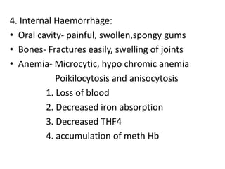 4. Internal Haemorrhage:
• Oral cavity- painful, swollen,spongy gums
• Bones- Fractures easily, swelling of joints
• Anemia- Microcytic, hypo chromic anemia
Poikilocytosis and anisocytosis
1. Loss of blood
2. Decreased iron absorption
3. Decreased THF4
4. accumulation of meth Hb
 