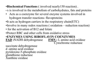 •Biochemical Functions ( involved nearly150 reaction) .
• It is involved in the metabolism of carbohydrates, fats and proteins
• Acts as a coenzyme for several enzyme systems involved in
hydrogen transfer reactions- flavoproteins
•It acts as hydrogen carriers in the respiratory chain(ETC)
•Involve in many redox reactions ( oxidation – reduction reaction)
• for the activation of B12 and folate
•Protect RBC and other cells from oxidative stress
•ENZYMES USING RIBOFLAVIN COENZYMES
FAD :NADH dehydrogenase FMN : L amino acid oxidase
Cytochrome reductase
succinate dehydrogenase
d -amino acid oxidase
pyridoxine-5-phosphate oxidase
glutathione reductase
Xanthine oxidase
 