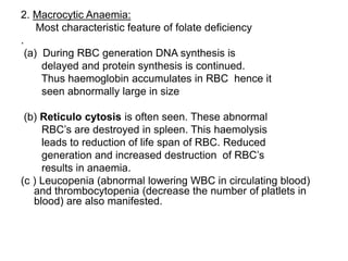 2. Macrocytic Anaemia:
Most characteristic feature of folate deficiency
.
(a) During RBC generation DNA synthesis is
delayed and protein synthesis is continued.
Thus haemoglobin accumulates in RBC hence it
seen abnormally large in size
(b) Reticulo cytosis is often seen. These abnormal
RBC’s are destroyed in spleen. This haemolysis
leads to reduction of life span of RBC. Reduced
generation and increased destruction of RBC’s
results in anaemia.
(c ) Leucopenia (abnormal lowering WBC in circulating blood)
and thrombocytopenia (decrease the number of platlets in
blood) are also manifested.
 