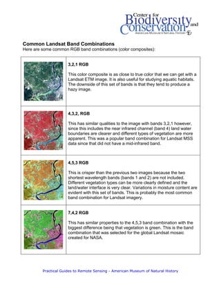 Practical Guides to Remote Sensing - American Museum of Natural History 
Common Landsat Band Combinations 
Here are some common RGB band combinations (color composites): 
3,2,1 RGB 
This color composite is as close to true color that we can get with a Landsat ETM image. It is also useful for studying aquatic habitats. The downside of this set of bands is that they tend to produce a hazy image. 
4,3,2, RGB 
This has similar qualities to the image with bands 3,2,1 however, since this includes the near infrared channel (band 4) land water boundaries are clearer and different types of vegetation are more apparent. This was a popular band combination for Landsat MSS data since that did not have a mid-infrared band. 
4,5,3 RGB 
This is crisper than the previous two images because the two shortest wavelength bands (bands 1 and 2) are not included. Different vegetation types can be more clearly defined and the land/water interface is very clear. Variations in moisture content are evident with this set of bands. This is probably the most common band combination for Landsat imagery. 
7,4,2 RGB 
This has similar properties to the 4,5,3 band combination with the biggest difference being that vegetation is green. This is the band combination that was selected for the global Landsat mosaic created for NASA. 
