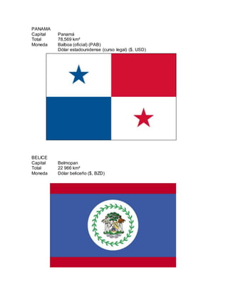 PANAMA
Capital Panamá
Total 78,569 km²
Moneda Balboa (oficial) (PAB)
Dólar estadounidense (curso legal) ($, USD)
BELICE
Capital Belmopan
Total 22 966 km²
Moneda Dólar beliceño ($, BZD)
 