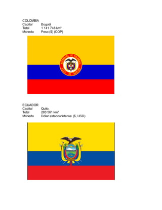 COLOMBIA
Capital Bogotá
Total 1 141 748 km²
Moneda Peso ($) (COP)
ECUADOR
Capital Quito.
Total 283 561 km²
Moneda Dólar estadounidense ($, USD)
 