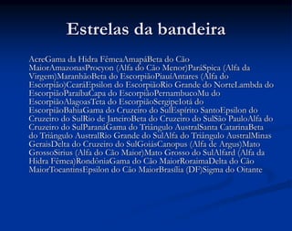 Estrelas da bandeira
AcreGama da Hidra FêmeaAmapáBeta do Cão
MaiorAmazonasProcyon (Alfa do Cão Menor)ParáSpica (Alfa da
Virgem)MaranhãoBeta do EscorpiãoPiauíAntares (Alfa do
Escorpião)CearáEpsilon do EscorpiãoRio Grande do NorteLambda do
EscorpiãoParaíbaCapa do EscorpiãoPernambucoMu do
EscorpiãoAlagoasTeta do EscorpiãoSergipeIotá do
EscorpiãoBahiaGama do Cruzeiro do SulEspírito SantoEpsilon do
Cruzeiro do SulRio de JaneiroBeta do Cruzeiro do SulSão PauloAlfa do
Cruzeiro do SulParanáGama do Triângulo AustralSanta CatarinaBeta
do Triângulo AustralRio Grande do SulAlfa do Triângulo AustralMinas
GeraisDelta do Cruzeiro do SulGoiásCanopus (Alfa de Argus)Mato
GrossoSirius (Alfa do Cão Maior)Mato Grosso do SulAlfard (Alfa da
Hidra Fêmea)RondôniaGama do Cão MaiorRoraimaDelta do Cão
MaiorTocantinsEpsilon do Cão MaiorBrasília (DF)Sigma do Oitante
 
