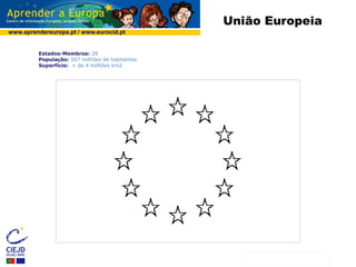 www.aprendereuropa.pt / www.eurocid.pt
*in Eurostat, Janeiro 2013
União Europeia
Estados-Membros: 28
População: 507 milhões de habitantes
Superfície: + de 4 milhões km2
 