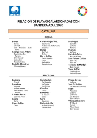 RELACIÓN DE PLAYAS GALARDONADAS CON
BANDERA AZUL 2020
CATALUÑA
GIRONA
Blanes
Blanes
Sabanell
Sant Francesc (Cala
Bona)
Cal...