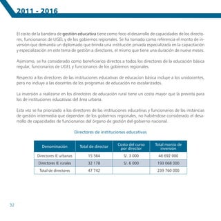 2011 - 2016


     El costo de la bandera de gestión educativa tiene como foco el desarrollo de capacidades de los directo-
     res, funcionarios de UGEL y de los gobiernos regionales. Se ha tomado como referencia el monto de in-
     versión que demanda un diplomado que brinda una institución privada especializada en la capacitación
     y especialización en este tema de gestión a directores, el mismo que tiene una duración de nueve meses.

     Asimismo, se ha considerado como beneficiarios directos a todos los directores de la educación básica
     regular, funcionarios de UGEL y funcionarios de los gobiernos regionales.

     Respecto a los directores de las instituciones educativas de educacion básica incluye a los unidocentes,
     pero no incluye a las docentes de los programas de educación no escolarizados.

     La inversión a realizarse en los directores de educación rural tiene un costo mayor que la prevista para
     los de instituciones educativas del área urbana.

     Esta vez se ha priorizado a los directores de las instituciones educativas y funcionarios de las instancias
     de gestión intermedia que dependen de los gobiernos regionales, no habiéndose considerado el desa-
     rrollo de capacidades de funcionarios del órgano de gestión del gobierno nacional.

                                         Directores de instituciones educativas

                                                               Costo del curso     Total monto de
                   Denominación            Total de director    por director          inversión
                Directores IE urbanas           15 564            S/. 3 000          46 692 000
                 Directores IE rurales          32 178            S/. 6 000          193 068 000
                  Total de directores           47 742                               239 760 000




32
 