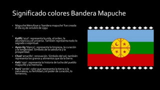 Significado colores Bandera Mapuche 
• Mapuche Wenufoye o ‘bandera mapuche’ fue creada 
el día 05 de octubre de 1992 
• 
Kallfü ‘azul’: representa la vida, el orden, la 
abundancia y el universo. También representa todo lo 
sagrado o espiritual. 
• Ayon-lig ‘blanco’: representa la limpieza, la curación 
y la longevidad. Símbolo de la sabiduría y la 
prosperidad. 
• Chod ‘amarillo’: renovación. Símbolo del sol, también 
representa los granos y alimentos que da la tierra. 
• Kelü ‘rojo’: representa la historia de lucha del pueblo 
mapuche y la memoria. 
• Karü ‘verde’: color que representa la tierra o la 
naturaleza, su fertilidad y el poder de curación, lo 
femenino, 
 