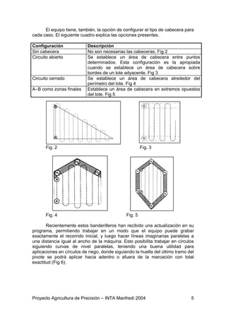 El equipo tiene, también, la opción de configurar el tipo de cabecera para
cada caso. El siguiente cuadro explica las opciones presentes.

Configuración              Descripción
Sin cabecera               No son necesarias las cabeceras. Fig 2
Circuito abierto           Se establece un área de cabecera entre puntos
                           determinados. Esta configuración es la apropiada
                           cuando se establece un área de cabecera sobre
                           bordes de un lote adyacente. Fig 3
Circuito cerrado           Se establece un área de cabecera alrededor del
                           perímetro del lote. Fig 4
A–B como zonas finales     Establece un área de cabecera en extremos opuestos
                           del lote. Fig 5




      Fig. 2                                            Fig. 3




      Fig. 4                                   Fig. 5

       Recientemente estos banderilleros han recibido una actualización en su
programa, permitiendo trabajar en un modo que el equipo puede grabar
exactamente el recorrido inicial, y luego hacer líneas imaginarias paralelas a
una distancia igual al ancho de la máquina. Esto posibilita trabajar en círculos
siguiendo curvas de nivel paralelas, teniendo una buena utilidad para
aplicaciones en círculos de riego, donde siguiendo la huella del último tramo del
pivote se podrá aplicar hacia adentro o afuera de la marcación con total
exactitud (Fig 6).




Proyecto Agricultura de Precisión – INTA Manfredi 2004                         5
 