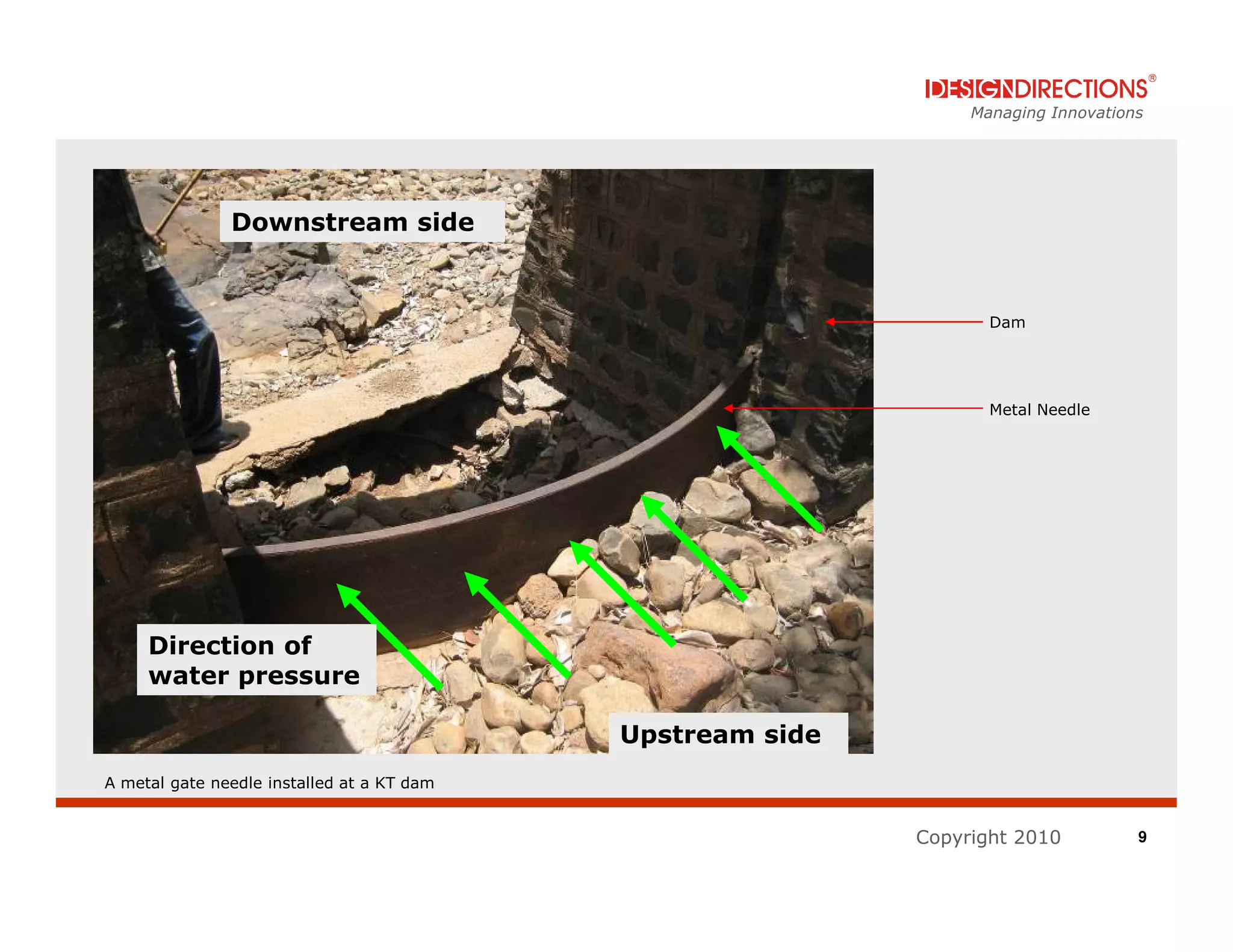 Managing Innovations




               Downstream side


                                                                   Dam




                                                                   Metal Needle




     Direction of
     water pressure

                                            Upstream side
A metal gate needle installed at a KT dam


                                                            Copyright 2010          9
 