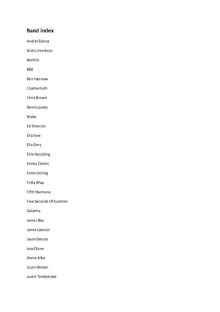 Band index
Andrei Danca
Arctic monkeys
Bastille
BBK
BenHaenow
Charlie Puth
ChrisBrown
Demi Lovato
Drake
Ed Sheeran
EllaEyre
EllaGrey
Ellie Goulding
Emma Dockic
Esme Josling
FettyWap
FifthHarmony
Five SecondsOf Summer
Galantis
JamesBay
Jamie Lawson
JasonDerulo
JessGlyne
Jhene Aiko
JustinBieber
JustinTimberlake
 