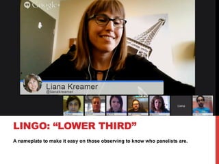 A nameplate to make it easy on those observing to know who panelists are.
LINGO: “LOWER THIRD”
 