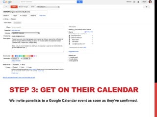 We invite panelists to a Google Calendar event as soon as they’ve confirmed.
STEP 3: GET ON THEIR CALENDAR
 