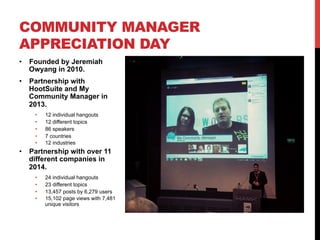 •  Founded by Jeremiah
Owyang in 2010.
•  Partnership with
HootSuite and My
Community Manager in
2013.
•  12 individual hangouts
•  12 different topics
•  86 speakers
•  7 countries
•  12 industries
•  Partnership with over 11
different companies in
2014.
•  24 individual hangouts
•  23 different topics
•  13,457 posts by 6,279 users
•  15,102 page views with 7,481
unique visitors
COMMUNITY MANAGER
APPRECIATION DAY
 