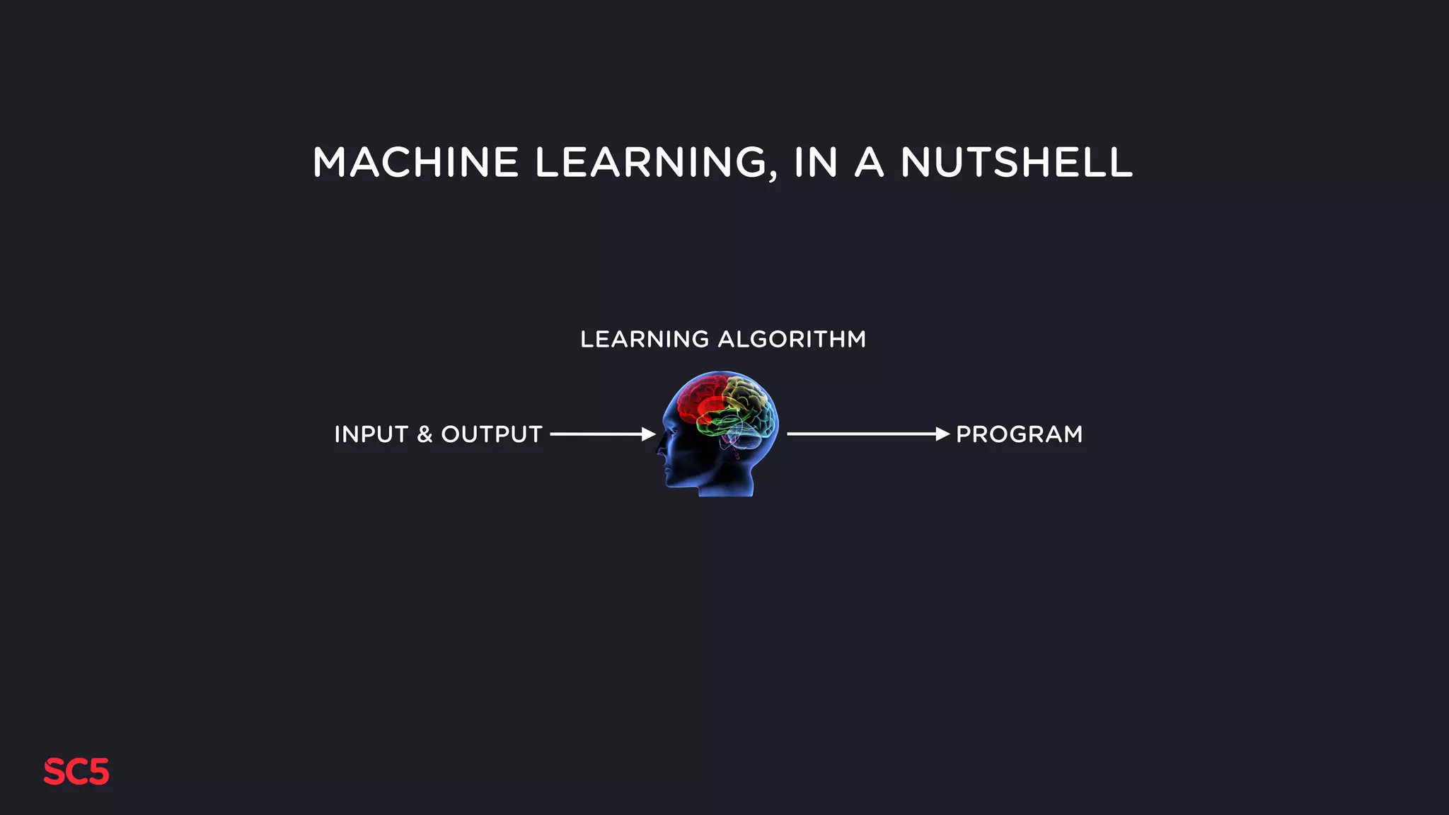 MACHINE LEARNING, IN A NUTSHELL
PROGRAMINPUT & OUTPUT
LEARNING ALGORITHM
 