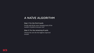 A NAÏVE ALGORITHM
Step 1: For the first N pulls
Evenly pull all the arms, keeping track of the
number of pulls & wins per arm
Step 2: For the remaining M pulls
Choose the arm the the highest expected
reward
 