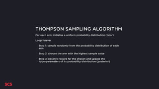 THOMPSON SAMPLING ALGORITHM
For each arm, initialise a uniform probability distribution (prior)
Loop forever
Step 1: sample randomly from the probability distribution of each
arm
Step 2: choose the arm with the highest sample value
Step 3: observe reward for the chosen and update the
hyperparameters of its probability distribution (posterior)
 