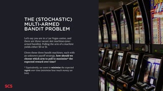 THE (STOCHASTIC)
MULTI-ARMED
BANDIT PROBLEM
Let’s say you are in a Las Vegas casino, and
there are three vacant slot machines (one-
armed bandits). Pulling the arm of a machine
yields either $0 or $1.
Given these three bandit machines, each with
an unknown payoff strategy, how should we
choose which arm to pull to maximise* the
expected reward over time? 
 
* Equivalently, we want to minimise the expected
regret over time (minimise how much money we
lose).
 