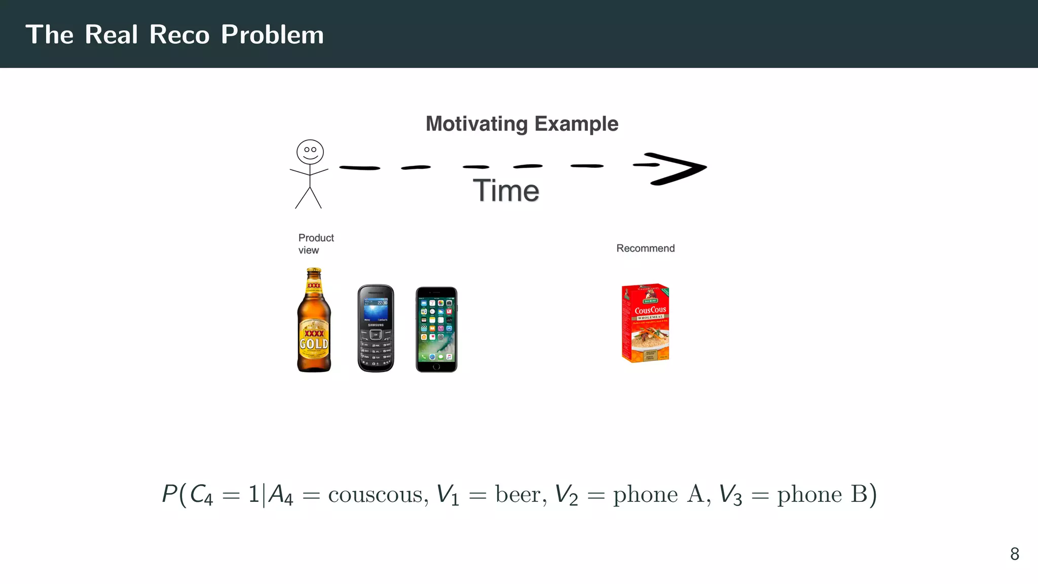 The Real Reco Problem
P(C4 = 1|A4 = couscous, V1 = beer, V2 = phone A, V3 = phone B)
8
 